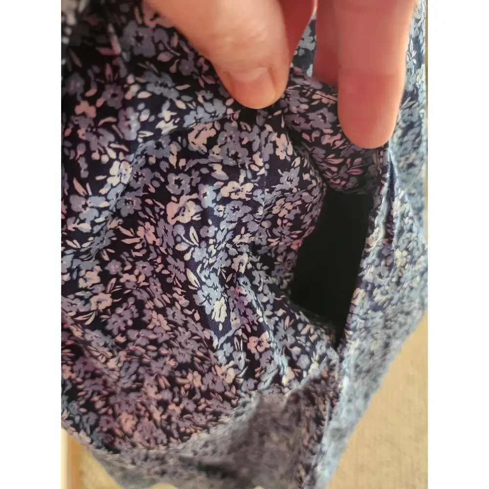 J. Crew Re-Imagined XS Blue Floral Ruffle Shoulder Dress Pockets CottageCore